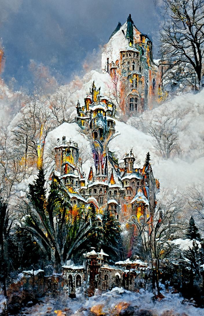 Snowy Gothic Castle Reflecting Sunset in Art Nouveau Style