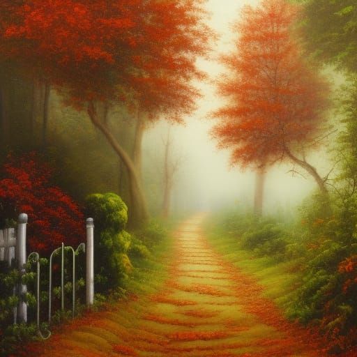Misty Autumn Forest Path in Oil Painting Style