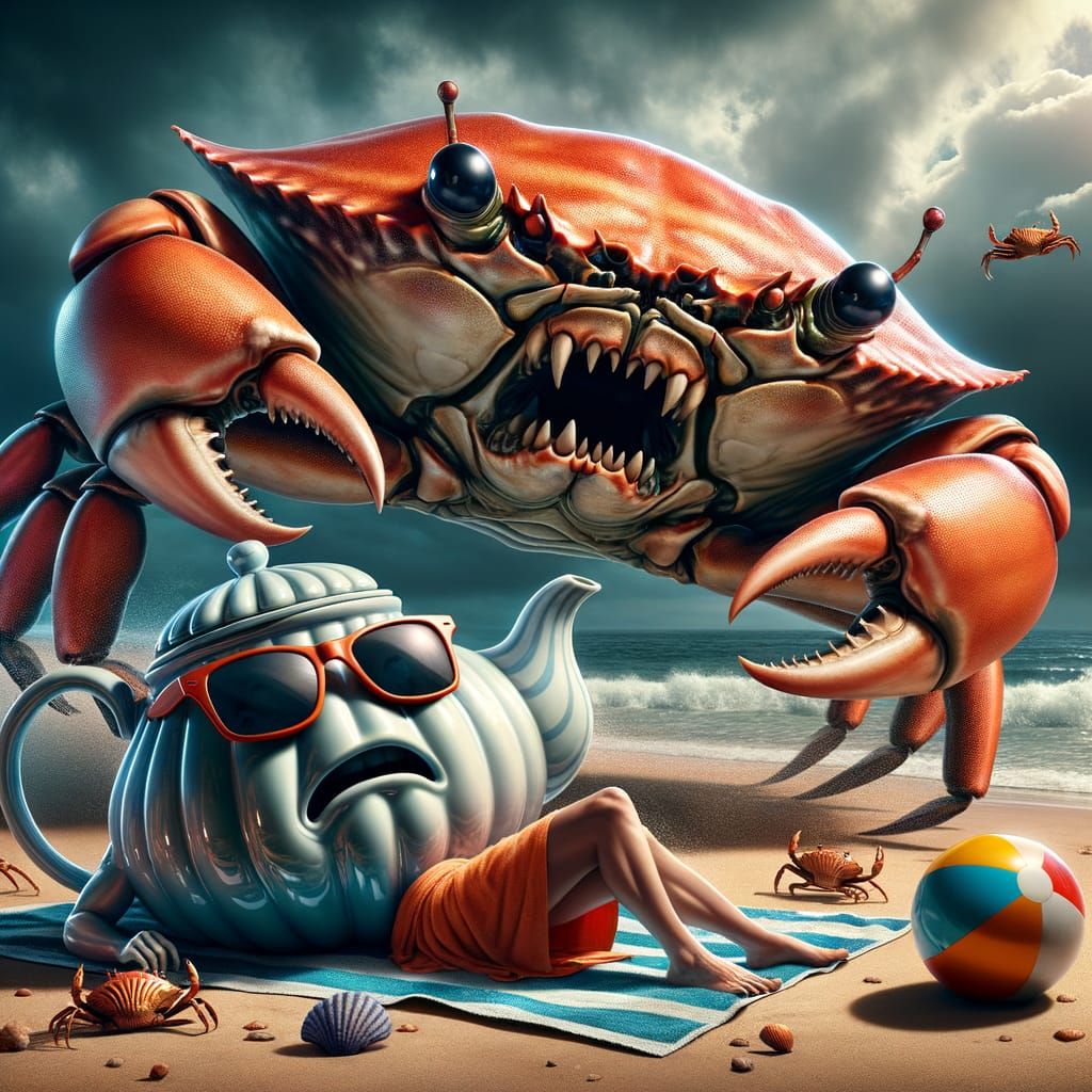 Anxious Teapot on Beach, Frightened by Crab in Dark Fantasy ...