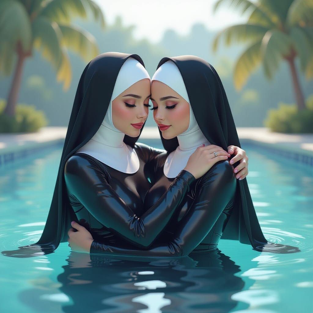 Nuns Embrace in Latex Catsuit by Serene Pool