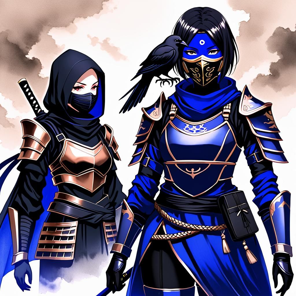 Female Ninja with Raven in Ink Wash Style