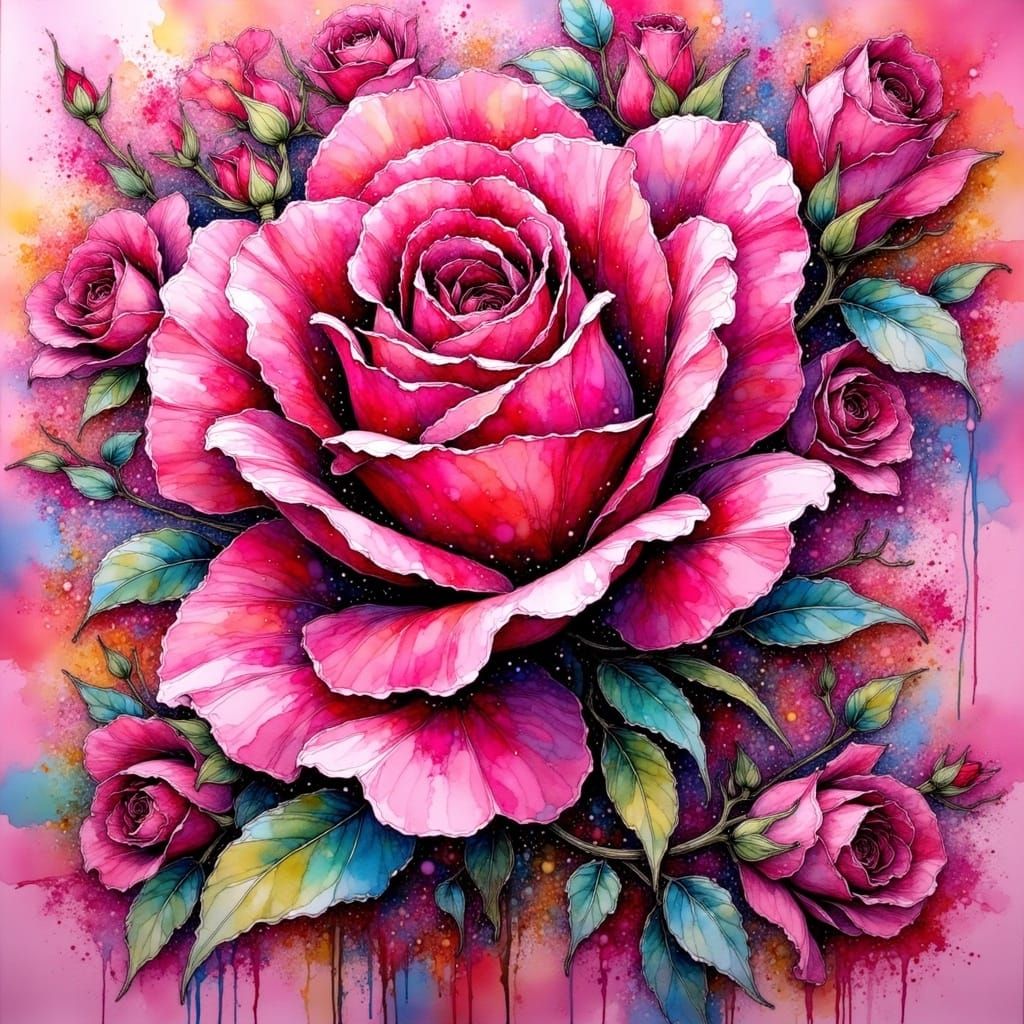 Cubist Rose Doodlescape in Vibrant Pink