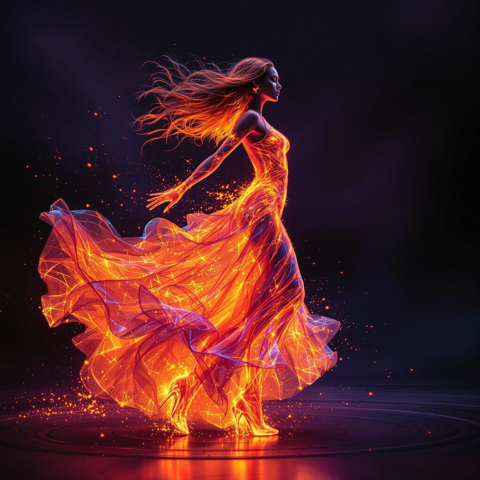 Dancing Woman in Fiery Gown: Ash Thorp Style