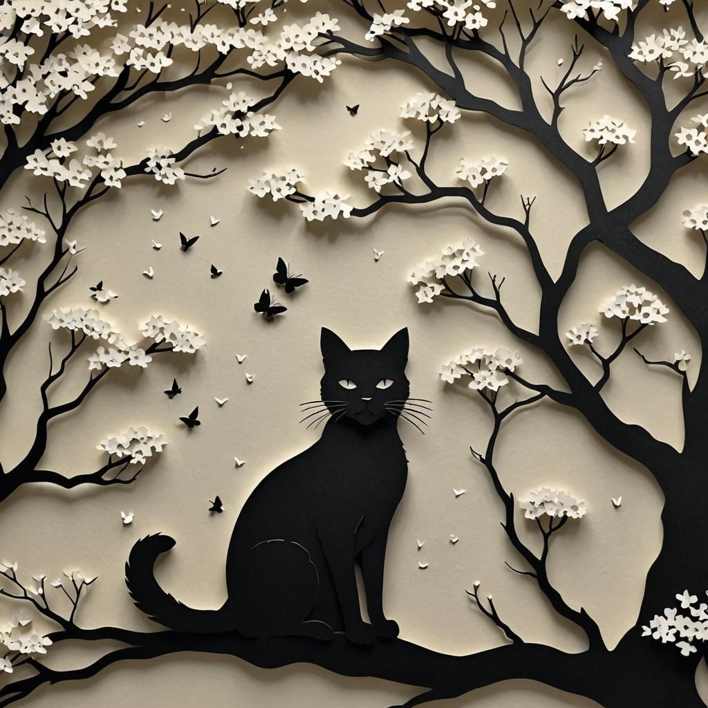 Monochrome Paper Art: Cat Under Sakura Tree