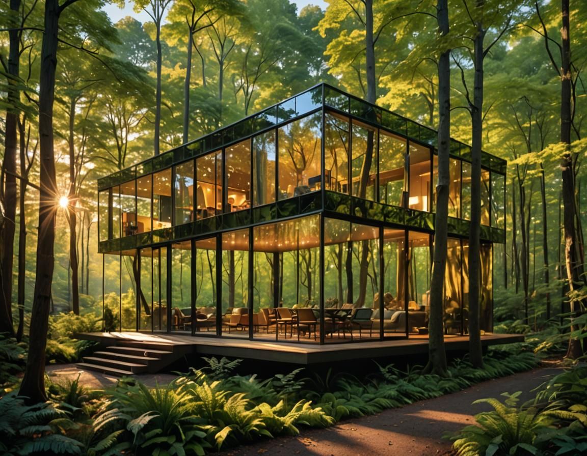 a modern glass house illuminated by the sunrise, showcasing ...