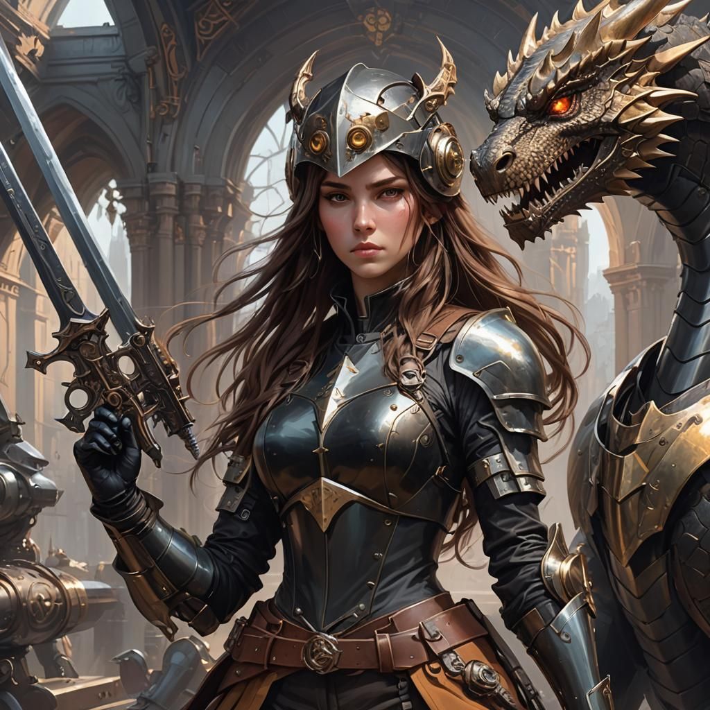 Girl in Steampunk Armor Rides a Dragon