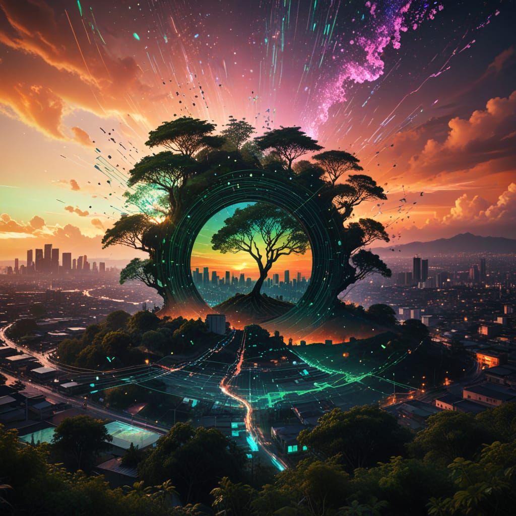 Sunset Tree Silhouette in Glitchcore Style