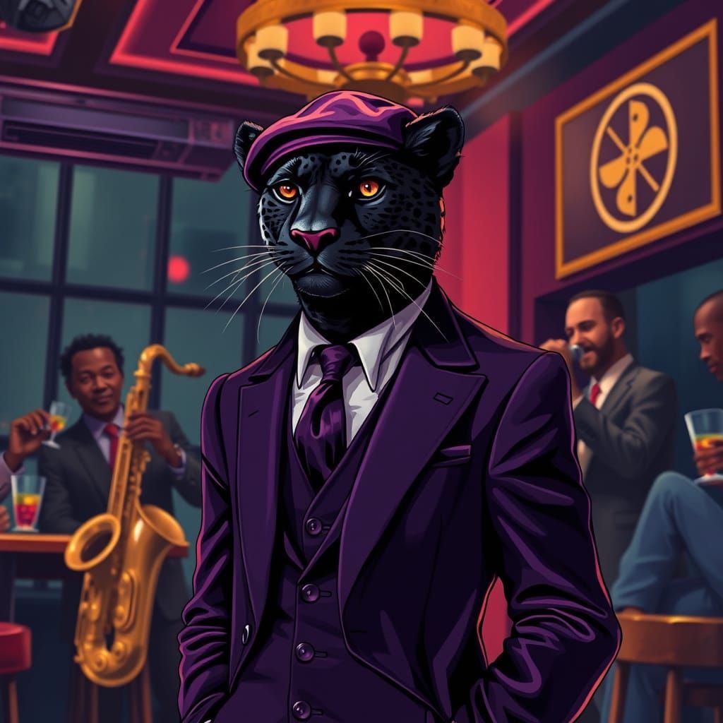 Dapper Jaguar in Violet Suit at Jazz Club