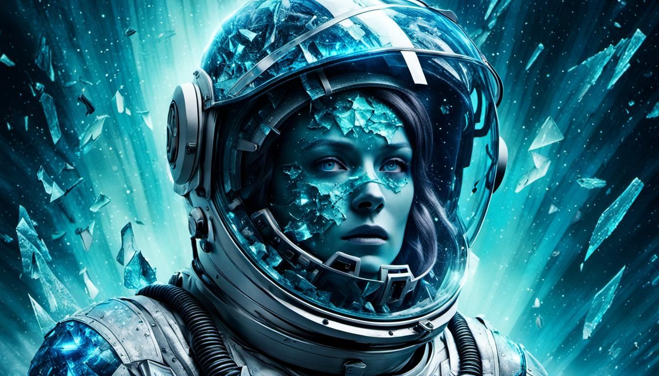 Woman in Shattered Helmet Amidst Nebula