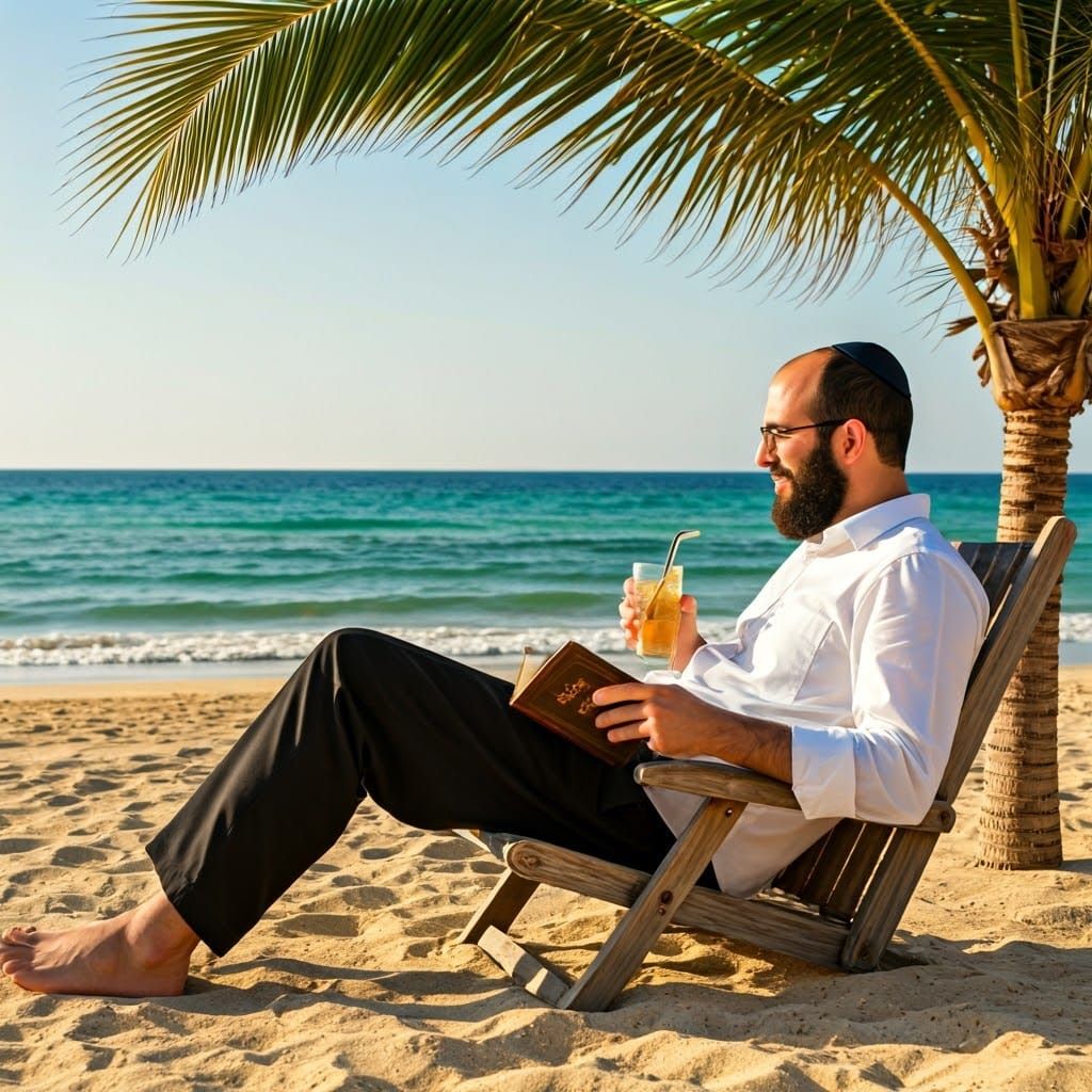 Ultra-Orthodox Man Relaxes with Book on Beach