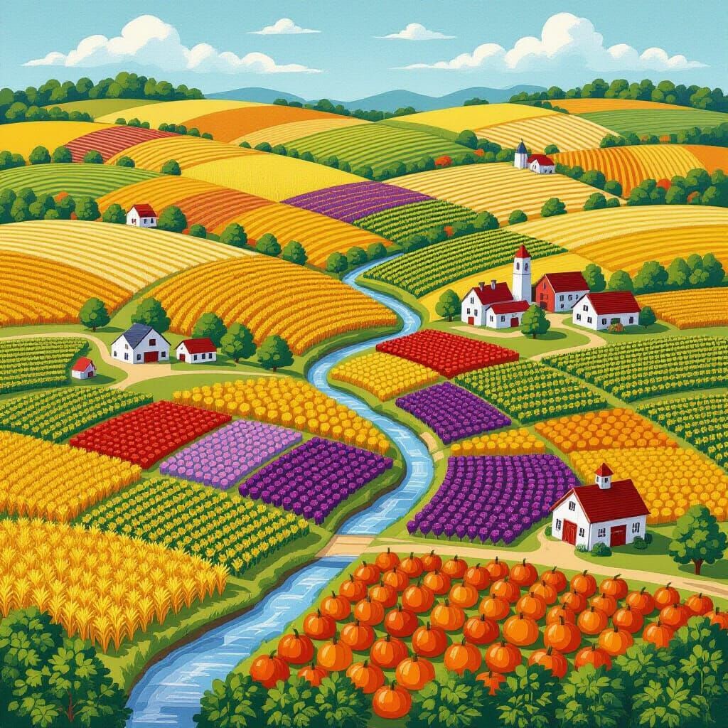 Folk Art Quilt Farm Landscape from Above