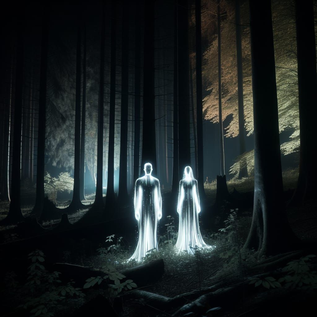 Ethereal Figures Illuminate Dark Forest Night