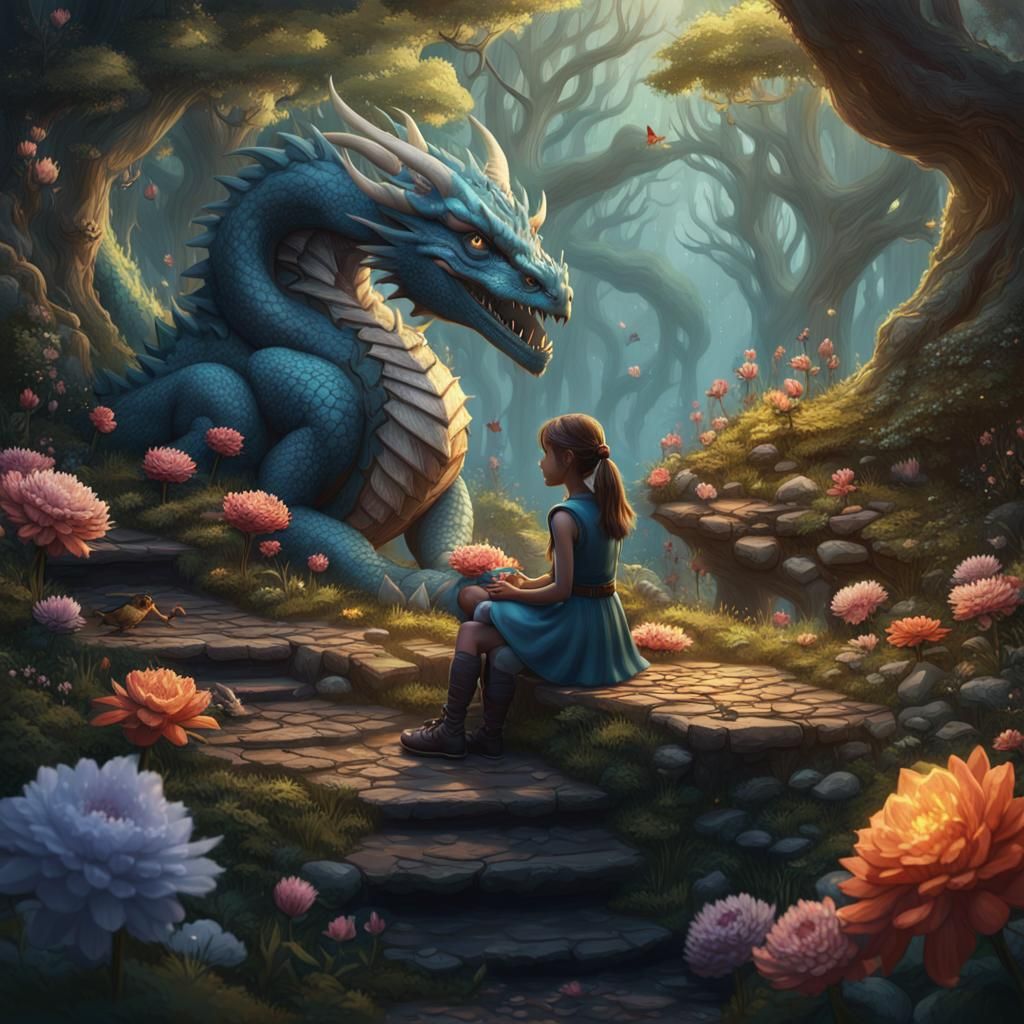 Girl and Dragon in Whispering Woods