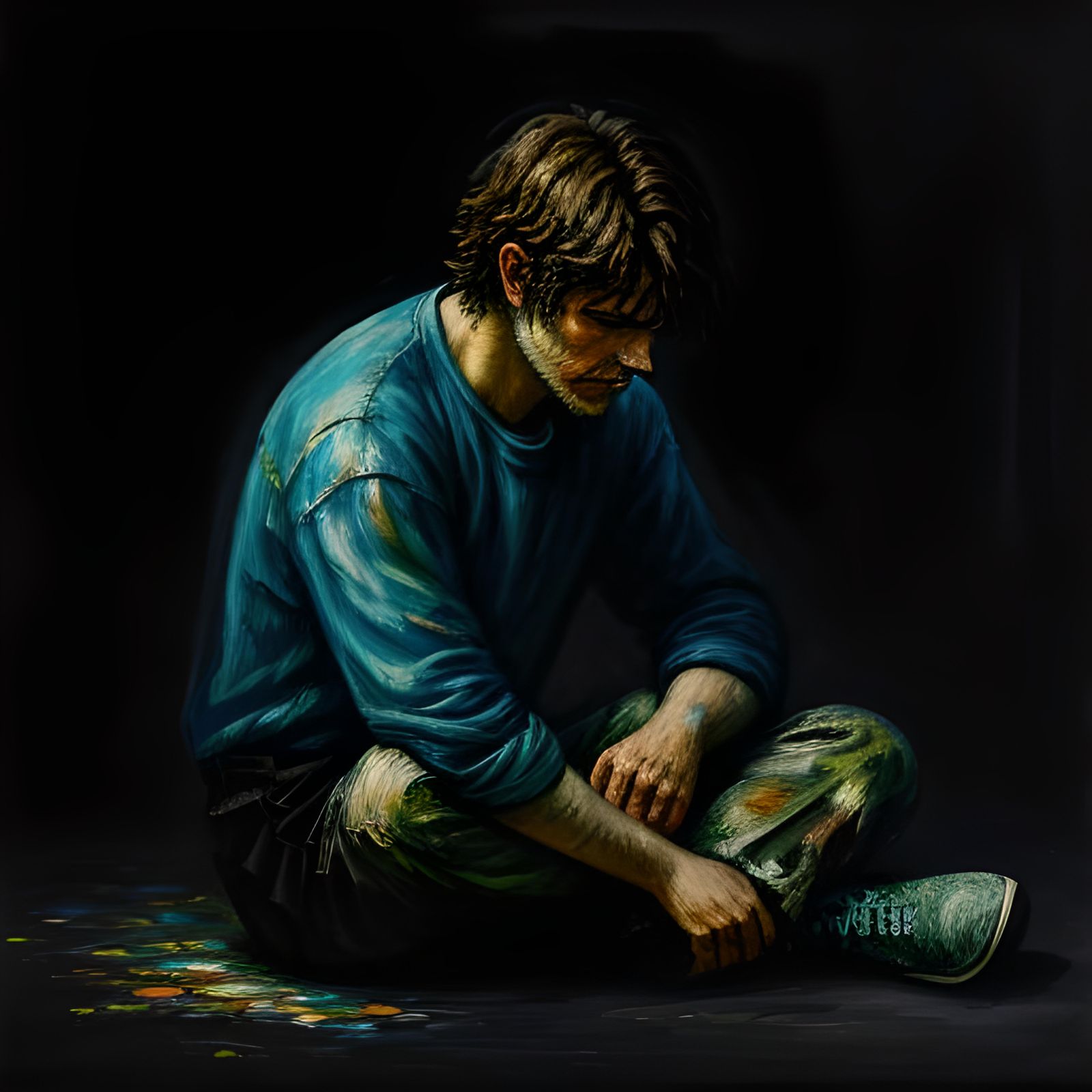 Depressed Person in Dark: Expressionist Oil Painting