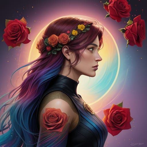 Comic Art Portrait of Woman Adorned with Vibrant Roses
