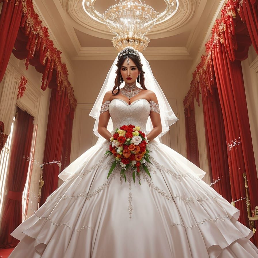 Ornate Bride in Blowing Wedding Gown