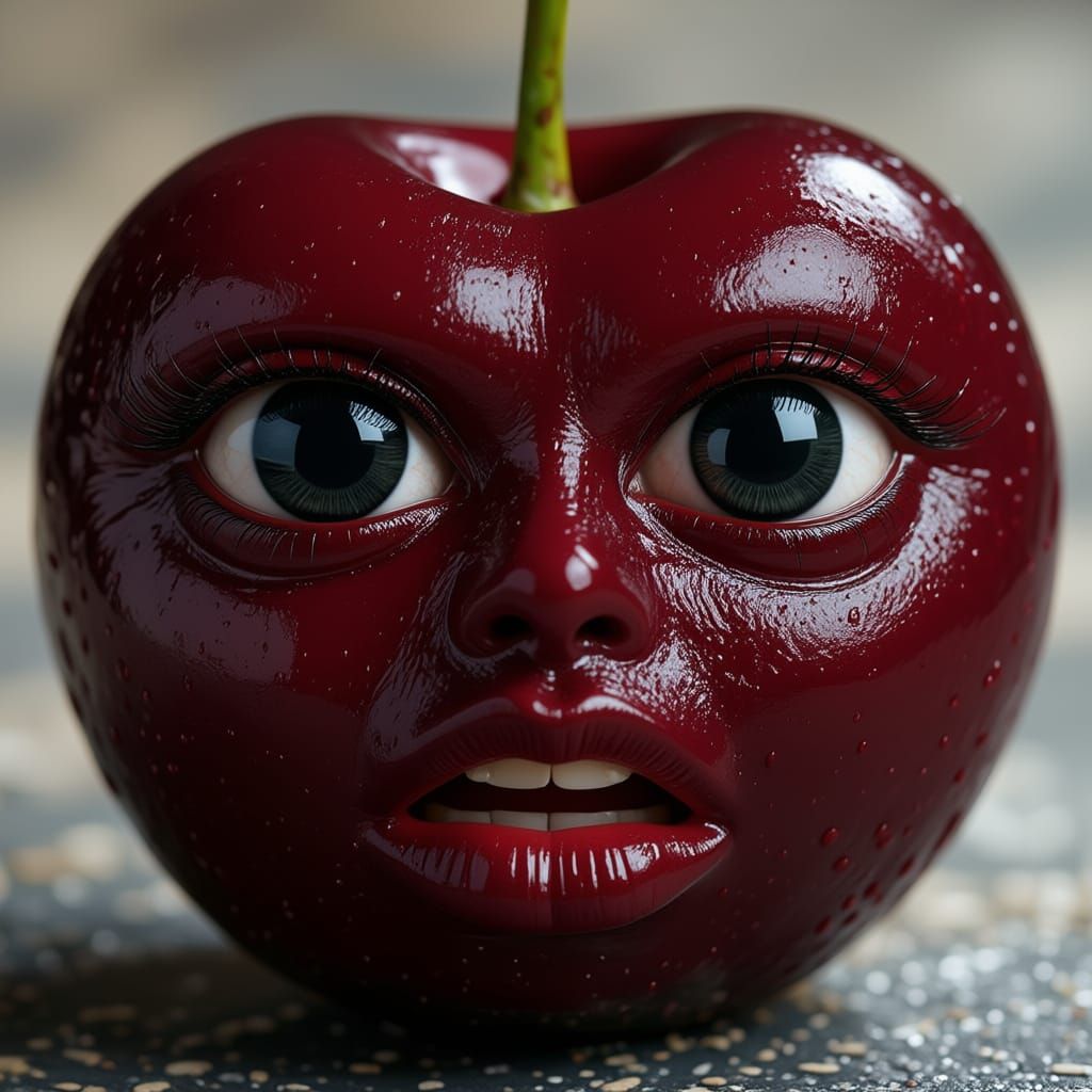 Surreal Cherry with Human Eyes and Mouth