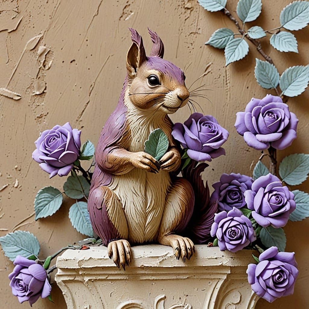 Elegant Purple Squirrel Amidst Roses