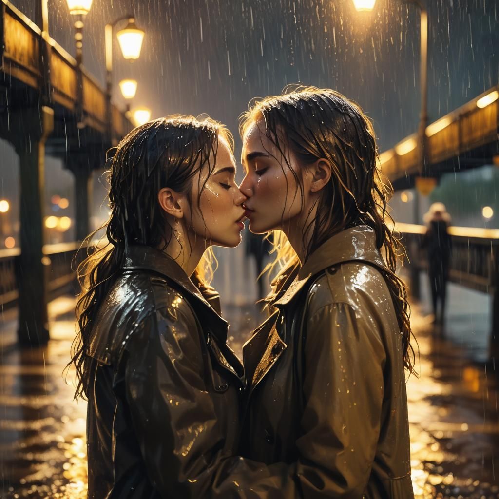 Girls Kissing in Rainy City Night, Klimt-Inspired Digital Pa...