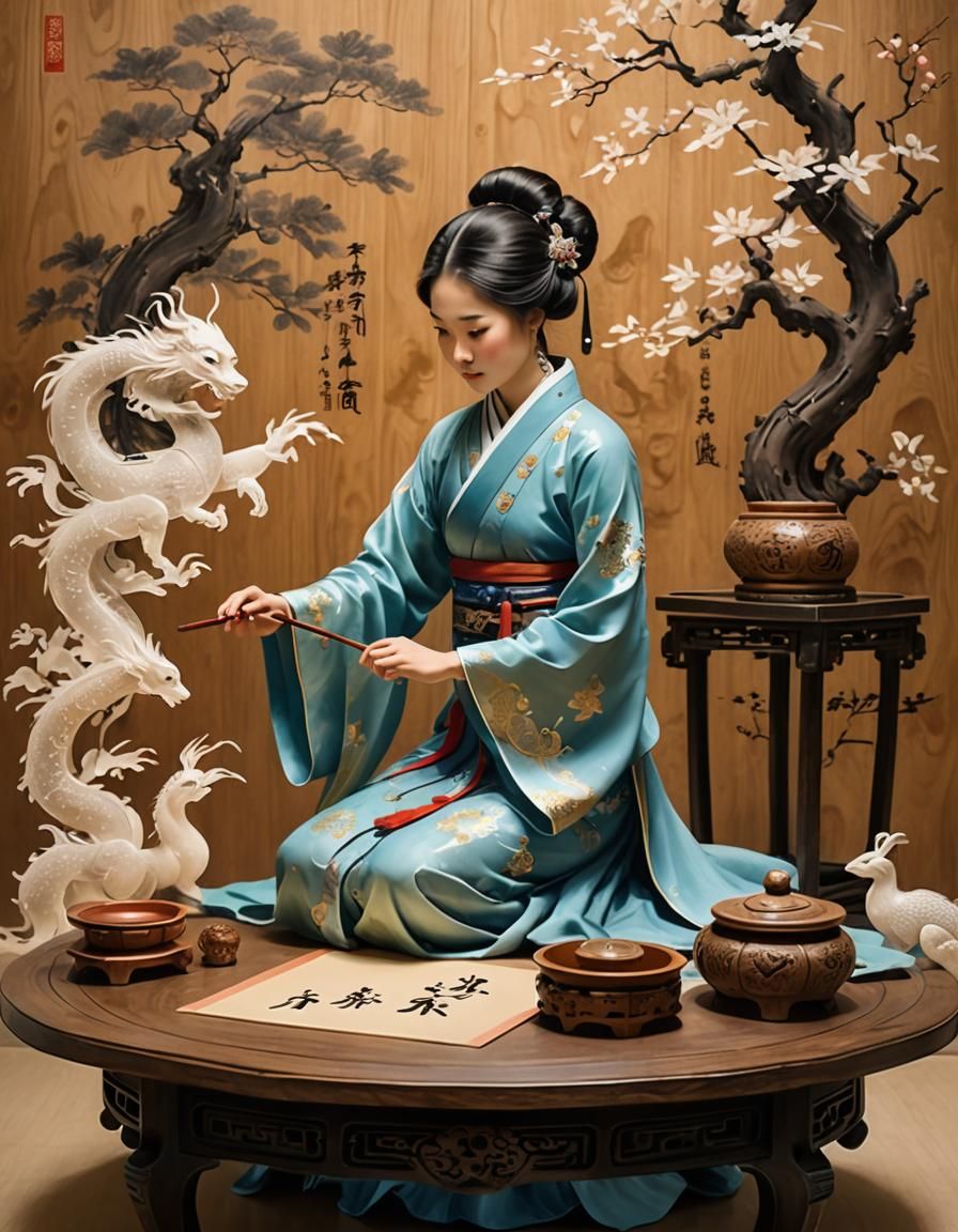 A Lady making Chinese calligraphy.