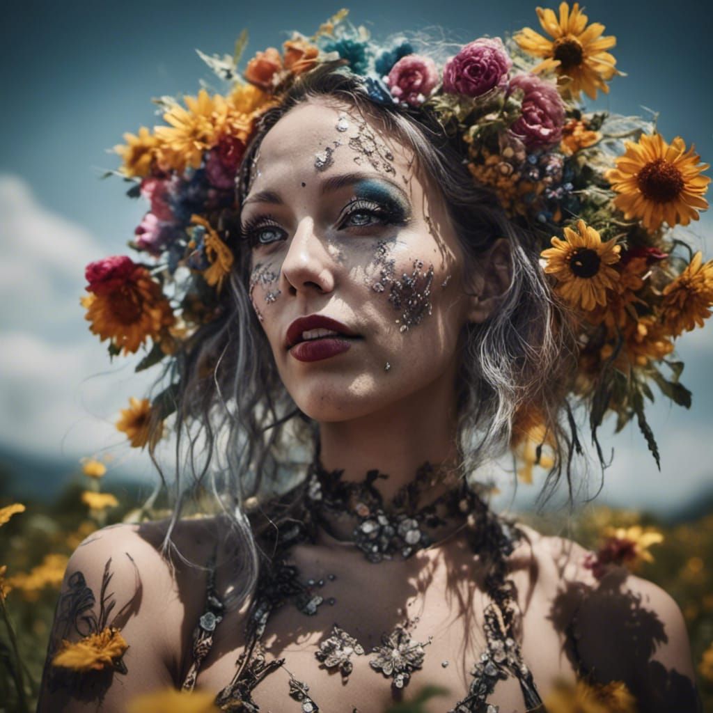 Hyperrealistic Panda Girl Portrait on Sunny Hill