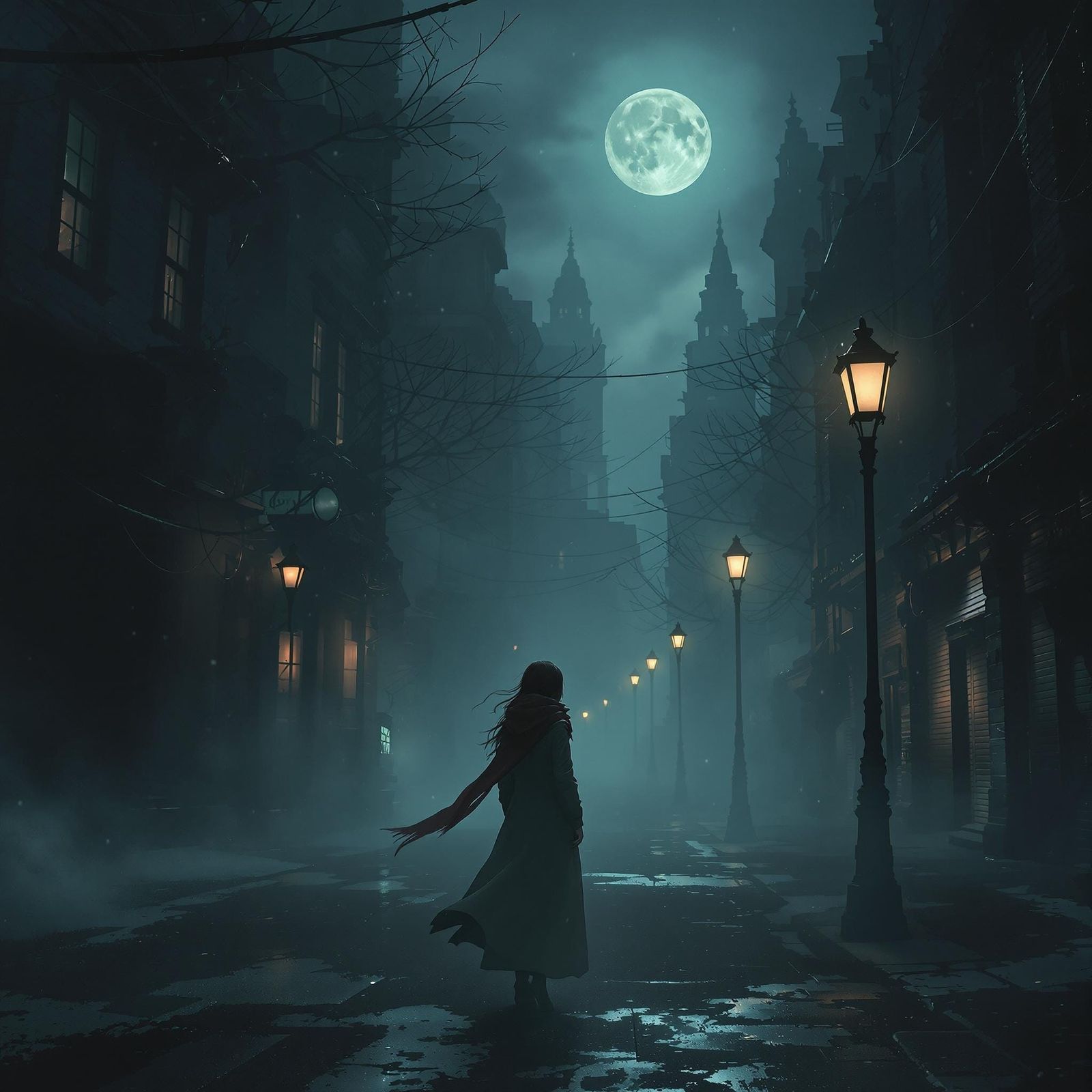 Misty Moonlit Cityscape with Woman in Digital Painting Style