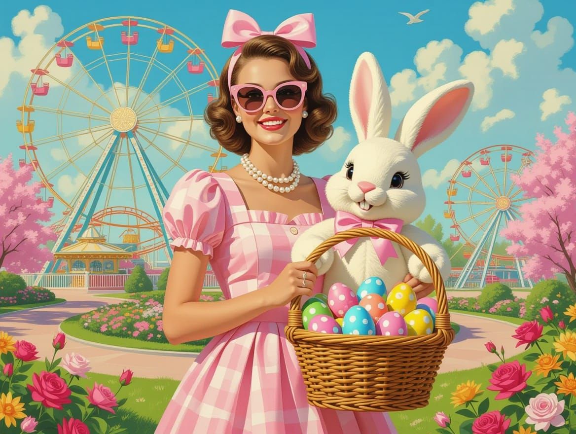 Elegant Easter Celebration in a Vibrant Theme Park Scene
