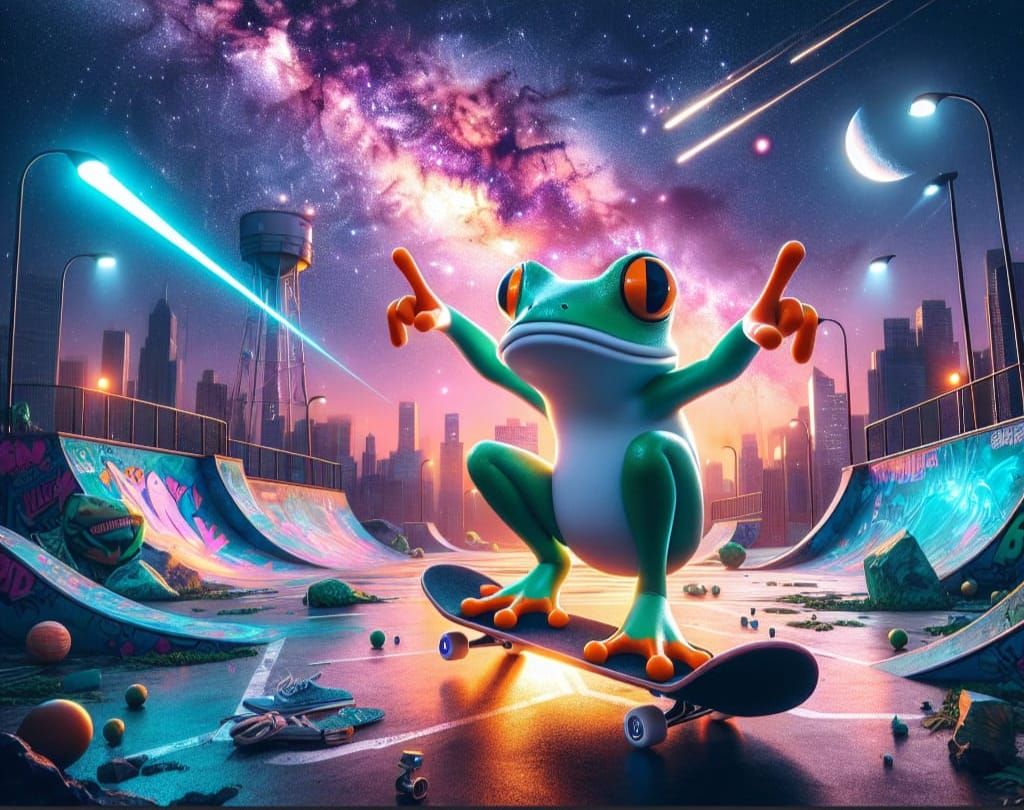 Kawaii Frog Skateboarding in Space: Digital Illustration