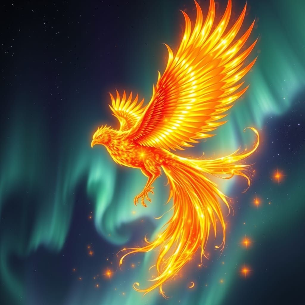 Magnificent Fiery Phoenix Soaring Through Aurora Borealis