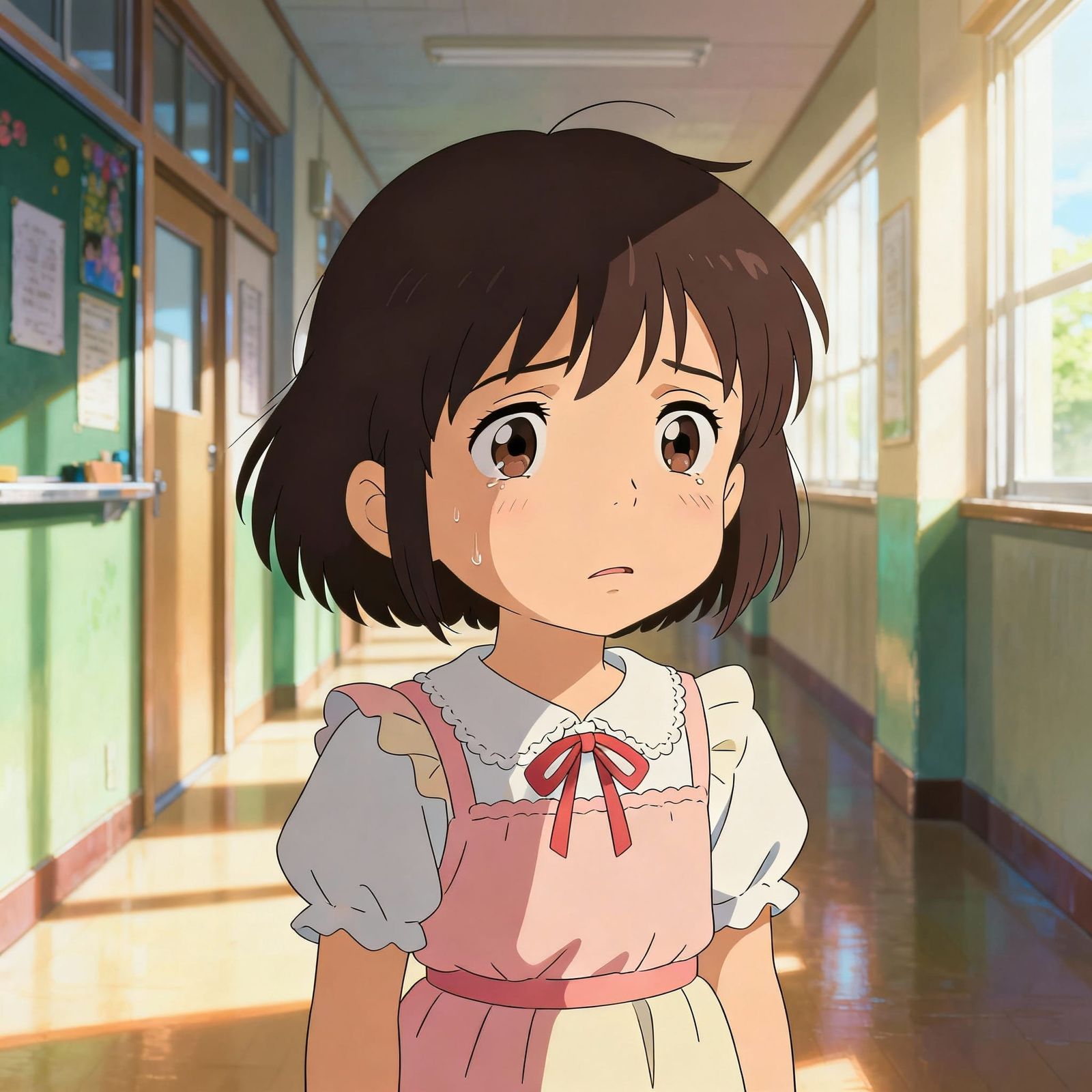 Anime Girl Student in School Hallway