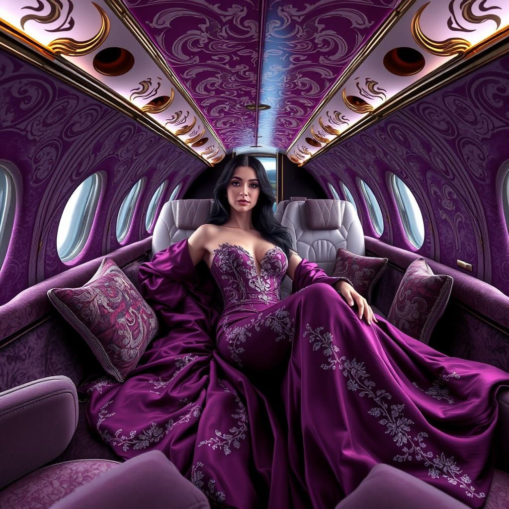 Luxurious Private Airplane Interior in Deep Plum Purple Hues