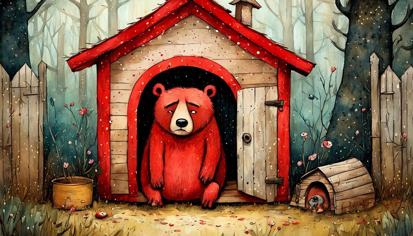 Whimsical Bear in a Dog House