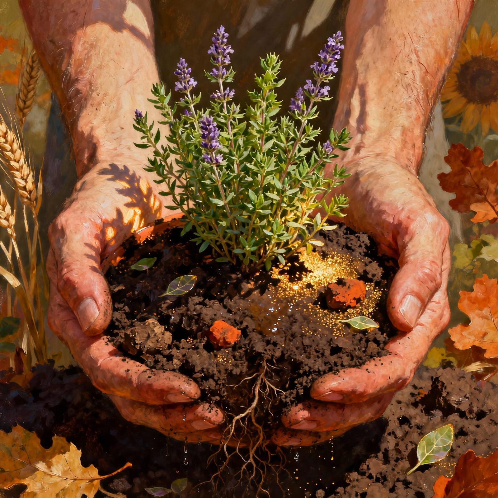 Hyperealistic Hands Cupping Thyme Amidst Autumn Harvest Moti...