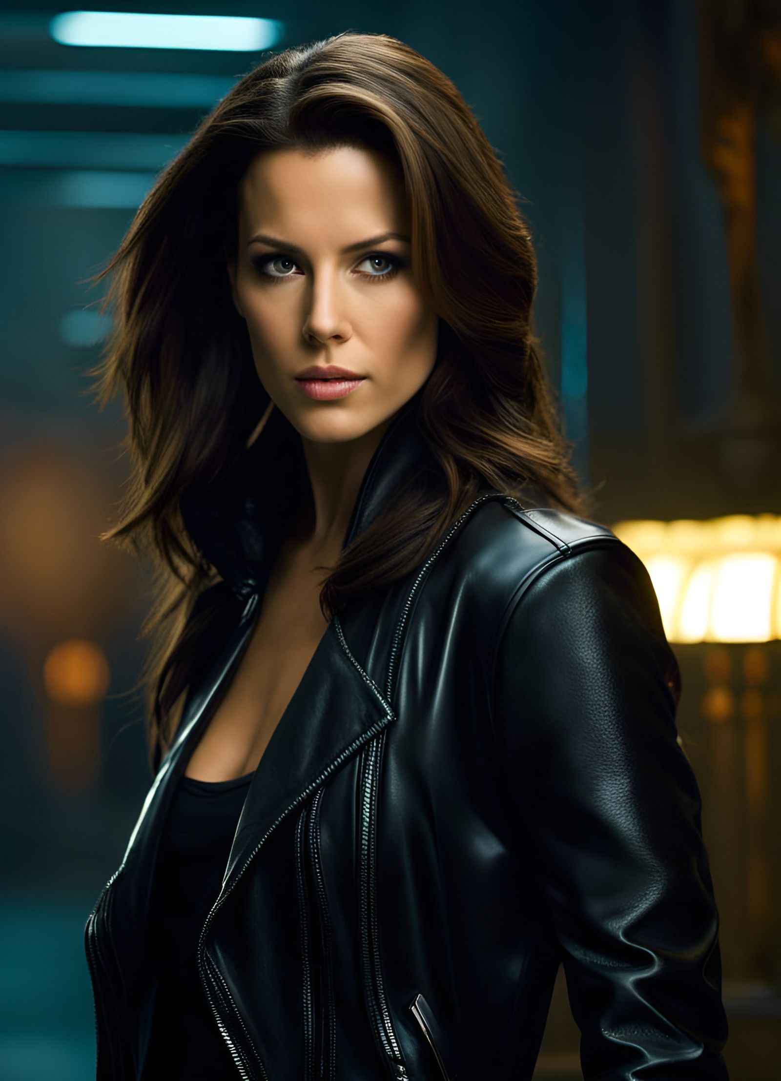 Confident Woman in Matrix-Style Neon City, CGI Render