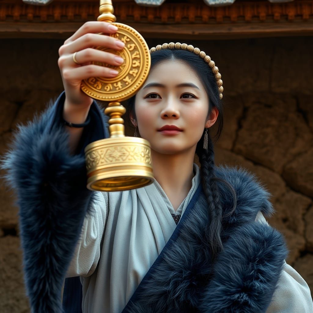 Tibetan Woman with Prayer Wheel: Detailed Matte Painting