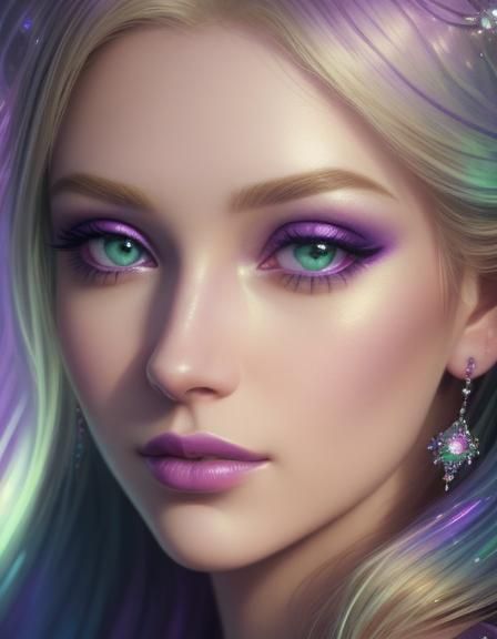 Beautiful young lady with blonde hair and green eyes with purple eyeshadow with purple eyeliner and purple lipstick and ...