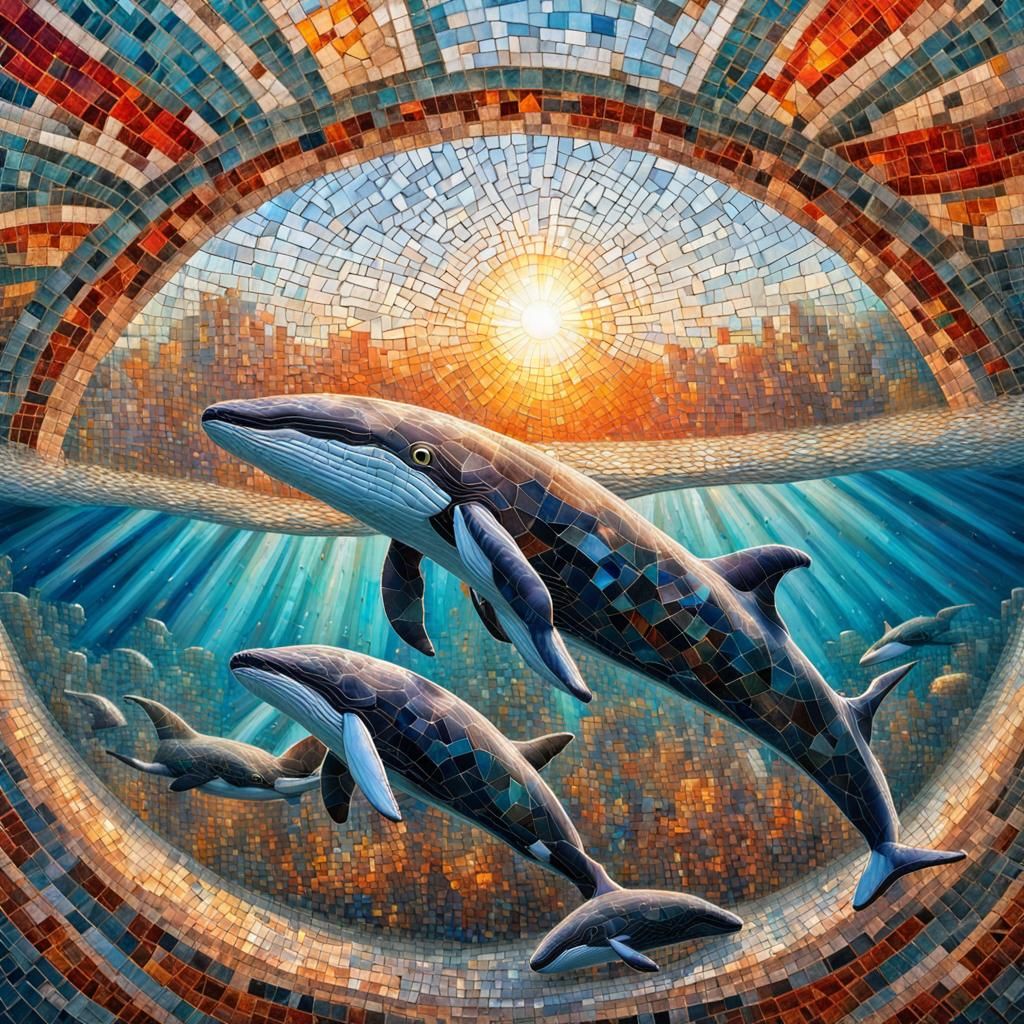 Mosaic Whale Mother and Baby in Graffiti Art Style