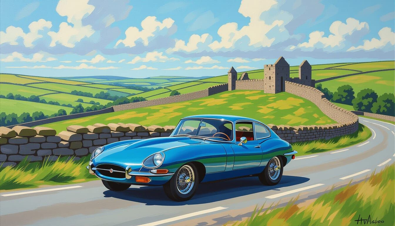 Jaguar XKE Races Past Hadrian's Wall