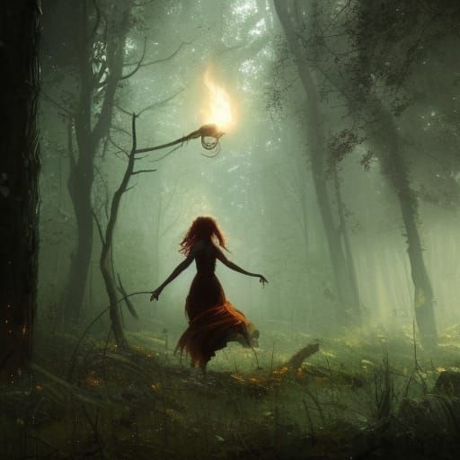 Gypsy Witch in Forest: Dark Fantasy Art