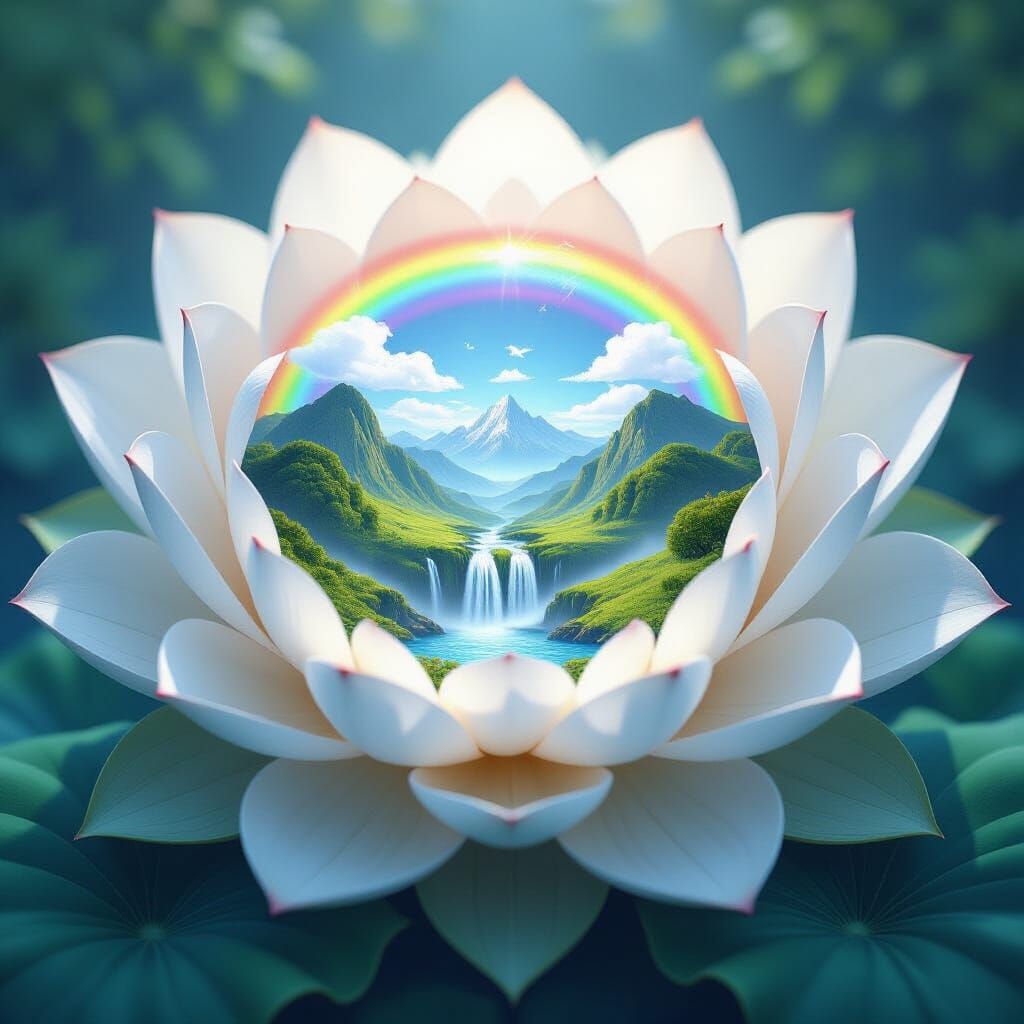 Gigantic Radiant Lotus Flower With Miniature Landscape Insid...