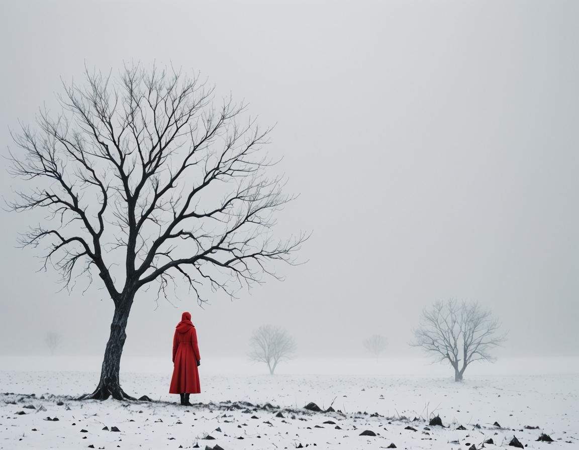 Mysterious Woman in Red Winter Landscape