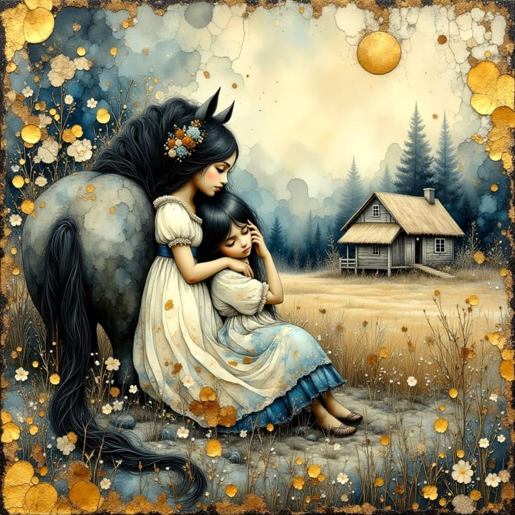 Girl and Horse in Countryside Vista: Impasto Painting