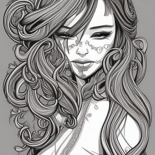 Fantasy Rose Woman in Flat Line Art Style