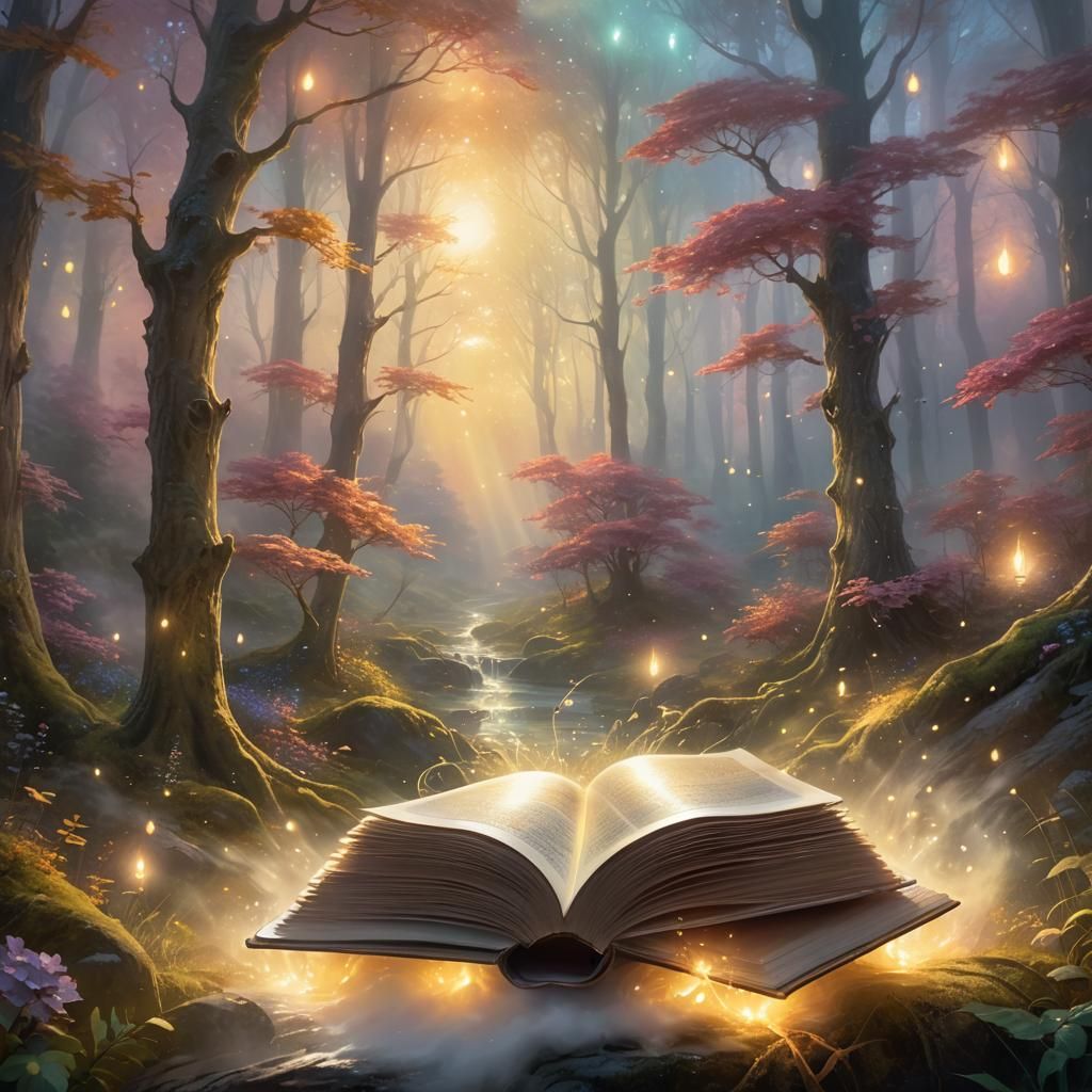 Ethereal Glowing Book in Misty Forest