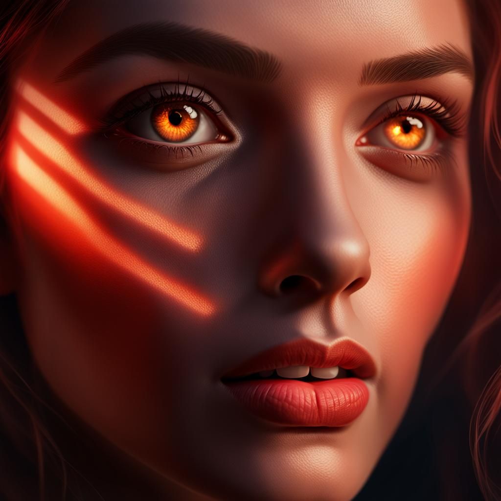 Woman's Face in Red Light: Hyper-Realistic Digital Portrait