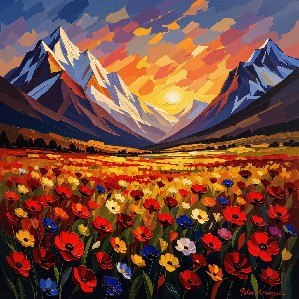Impasto Oil Painting of Mountains and Flowery Plain
