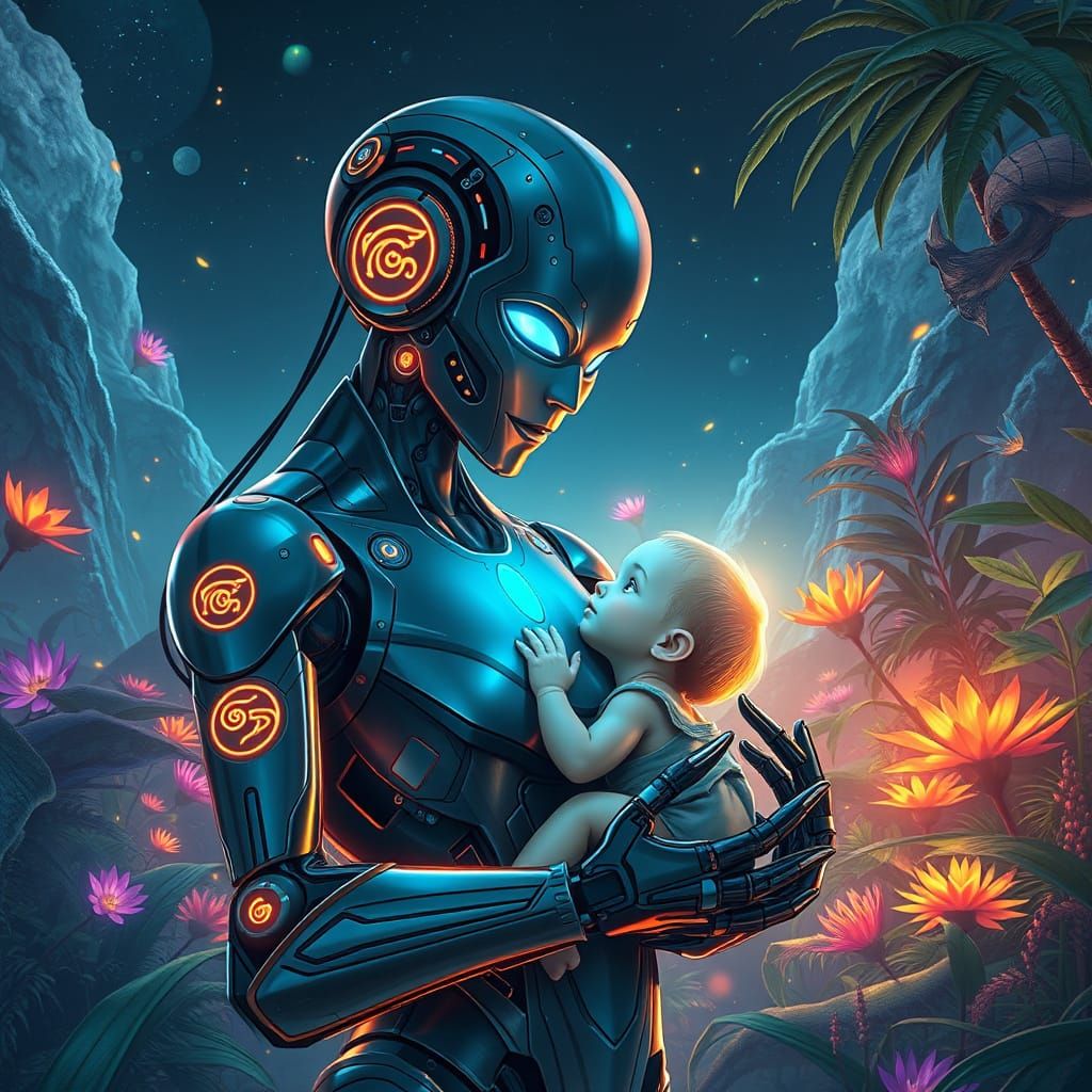 Ethereal Mother Robot in Bioluminescent Garden