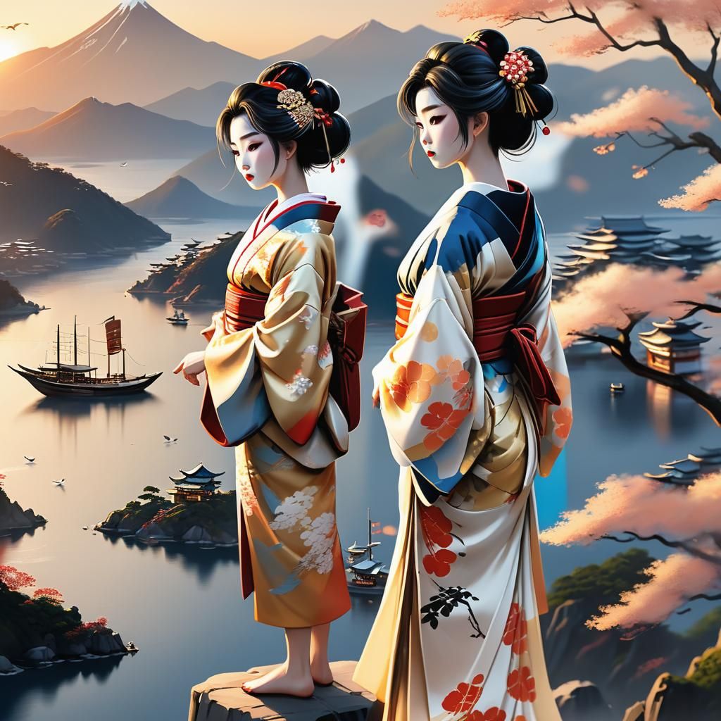 Geisha on Mountain Peak in Anime Style