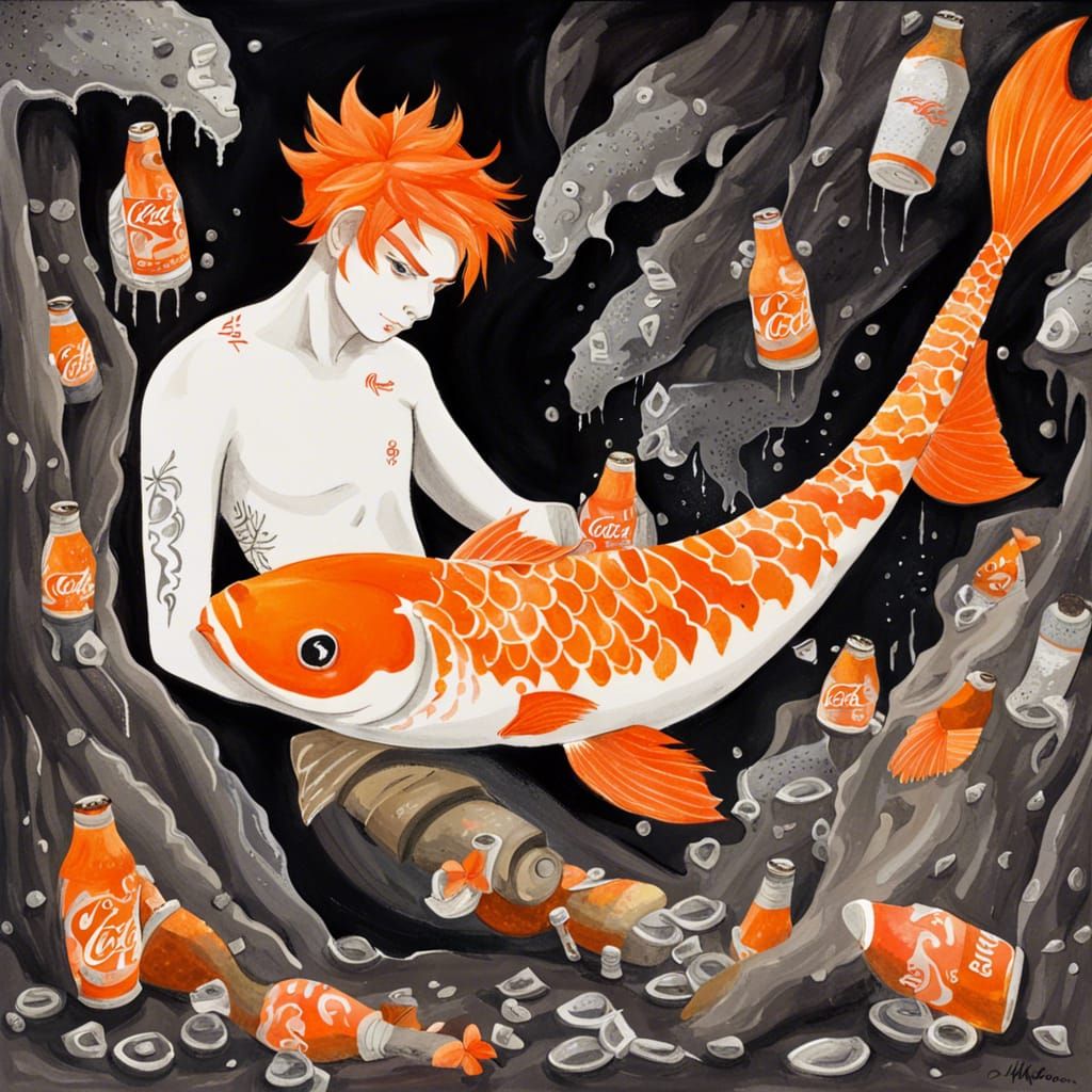 Koi Merman's Underwater Cave: A Gouache Painting
