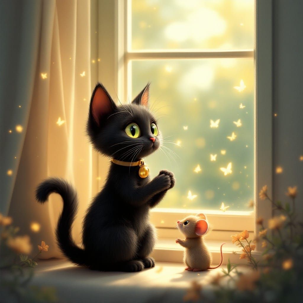 Friendly Cat and Mouse by Window, Pixar Style